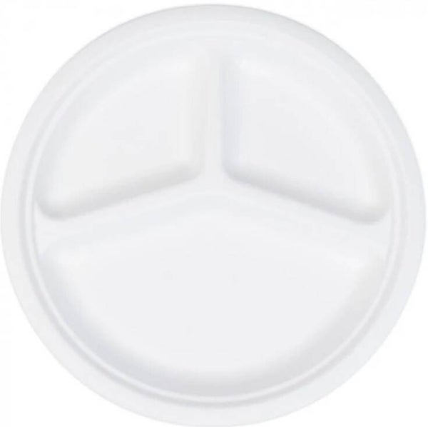 50 Assiettes rondes biodégradable bagasse 3 compartiments 26 cm
