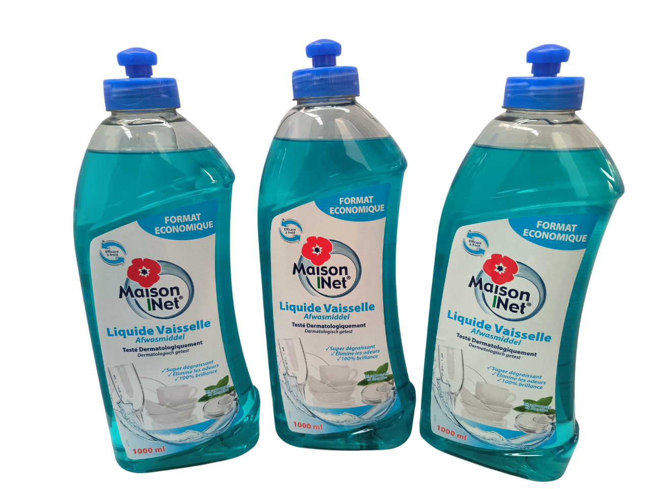 Lot de 3 Liquide vaisselle ultra dégraissant  Maison Net Liquide vaisselle Bicarbonate et Menthe 1L