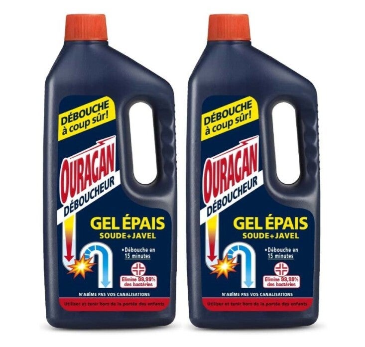 Lot de 2 Ouragan Déboucheur Gel Epais 15 minutes Soude + Javel 1 L