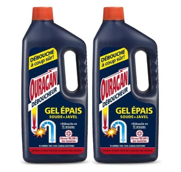 Lot de 2 Ouragan Déboucheur Gel Epais 15 minutes Soude + Javel 1 L