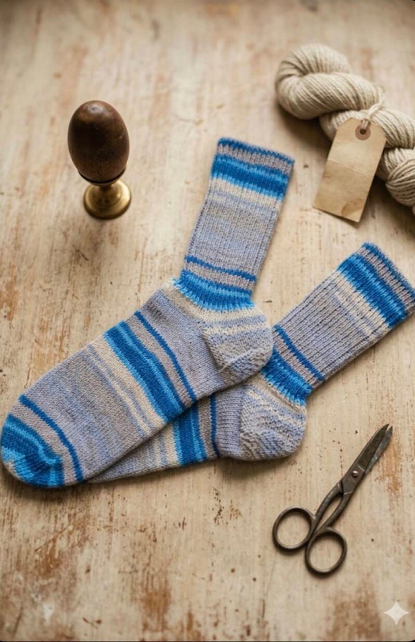 gestrickte Socken blau/flieder/grau Gr. 42/43