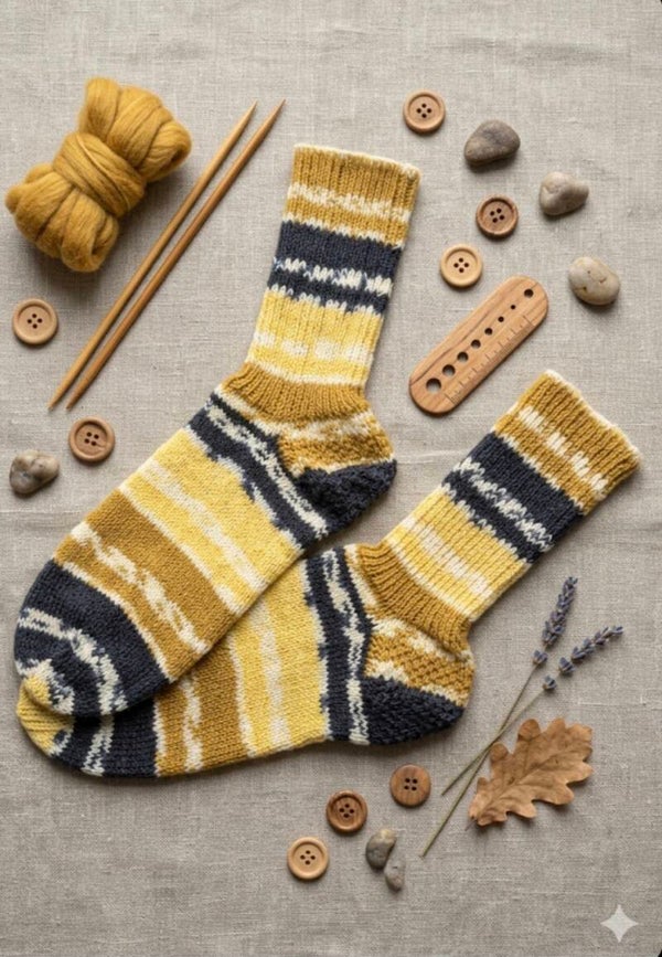 Gestrickte Socken gelb/blau Gr. 39/40
