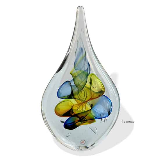 Glasobject Paperweight Druppelvorm: Amber / Blauw 19-20 cm