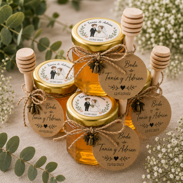 Tarrito de Miel Personalizado para Bodas con Cuchara de Madera