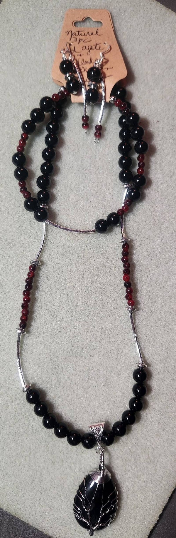 Natural Red/Black Agate Necklace 3 pc set