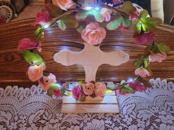 Lighted Cross pink rose centerpiece