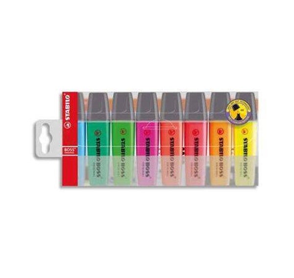 STABILO BOSS ORIGINAL surligneur pointe biseautée - Pochette de 8 surligneurs fluo - Coloris assortis