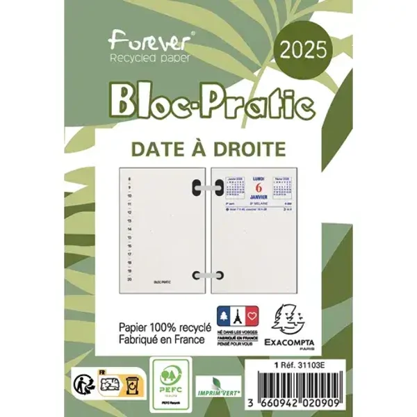 EXACOMPTA Bloc éphéméride recyclé, date à droite Janvier à Décembre 2025