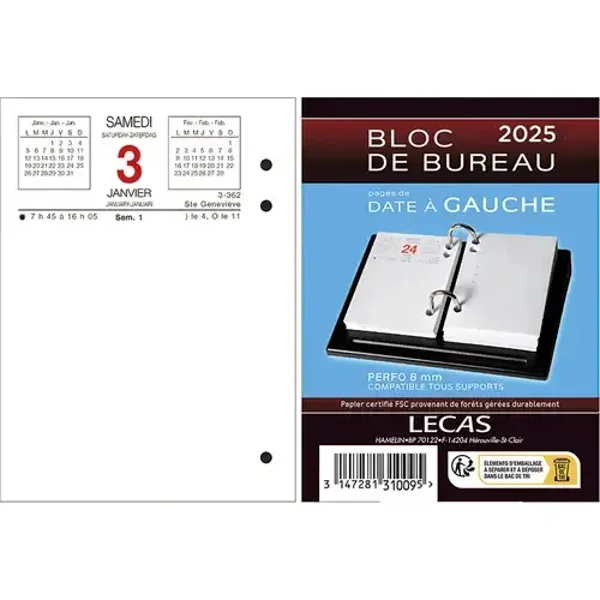 LECAS Bloc éphéméride date à gauche, Janvier à Décembre 2025,1 jour par page + note à droite, 8,5x11,5cm