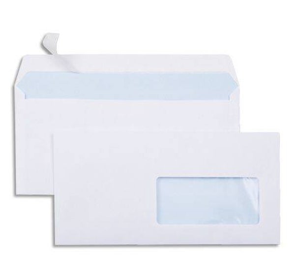 Boîte de 500 enveloppes Blanches 80g DL 110x220 mm fenêtre 45x100 mm auto-adhésives