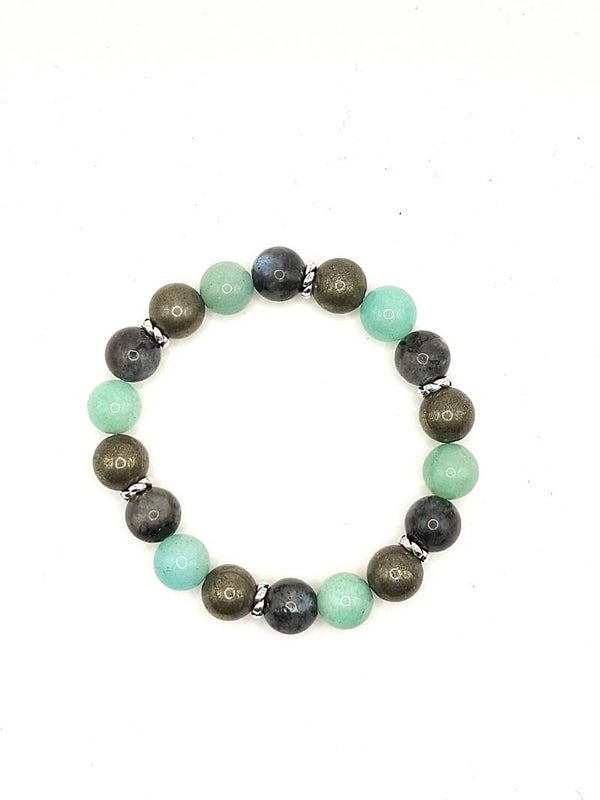 N°1261 — Le bracelet de la communication stratégique et de la réussite : Amazonite, Labradorite, Pyrite