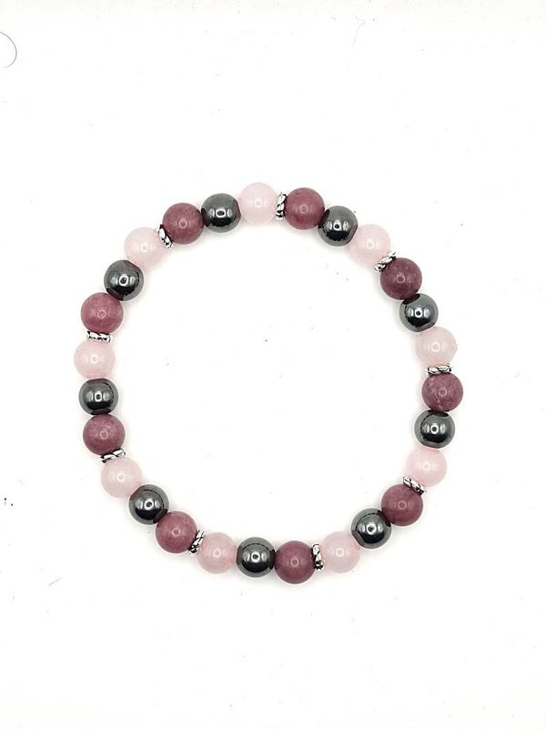 N°1001 - Le bracelet de la sérénité et de l'encrage émotionnel : Hématite, Lépidolite, Quartz Rose