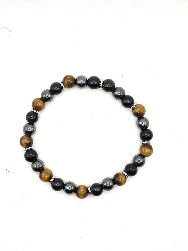 N°496 - Le bracelet triple protection. Force Intérieure, Courage et Détermination : Obsidienne noir, Œil de Tigre, Hématite