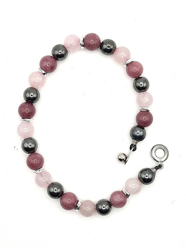 N°1001 prestige- Le bracelet de la sérénité et de l'encrage émotionnel : Hématite, Lépidolite, Quartz Rose