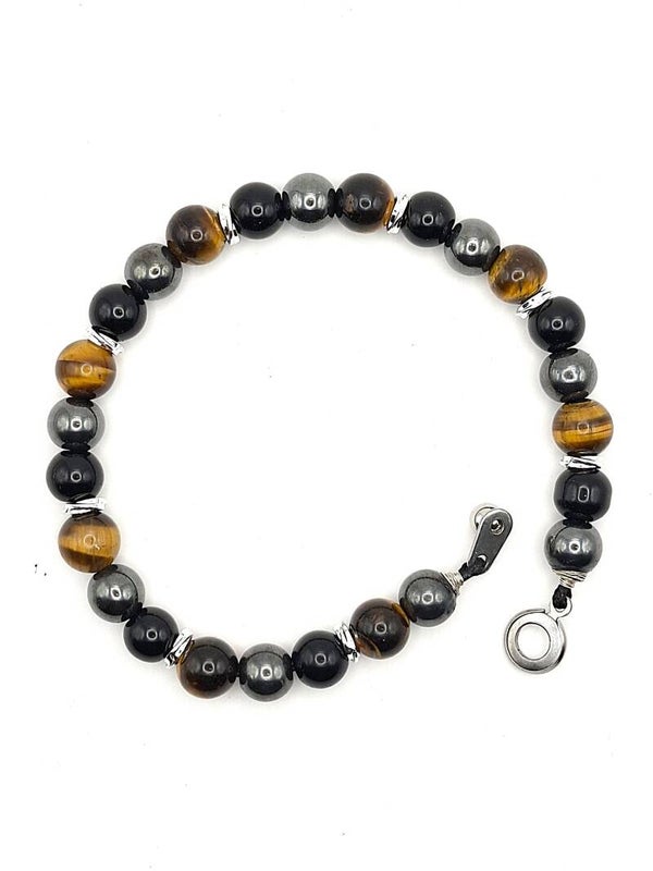 N°496 prestige - Le bracelet triple protection. Force Intérieure, Courage et Détermination : Obsidienne noir, Œil de Tigre, Hématite