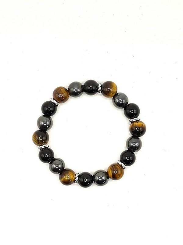 N°496 - Le bracelet triple protection. Force Intérieure, Courage et Détermination : Obsidienne noir, Œil de Tigre, Hématite