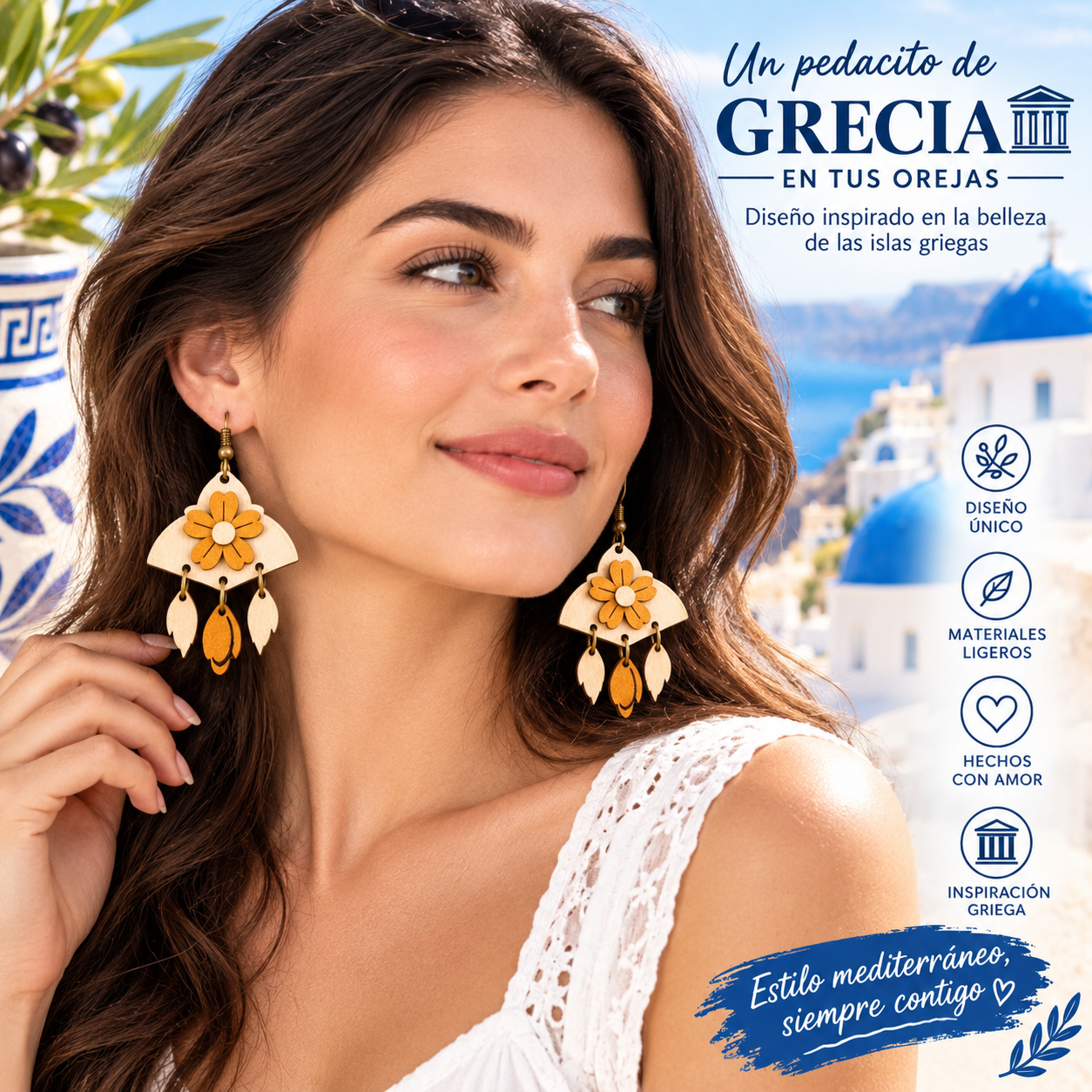 Pendientes de madera Grecia - ligeros y artesanales