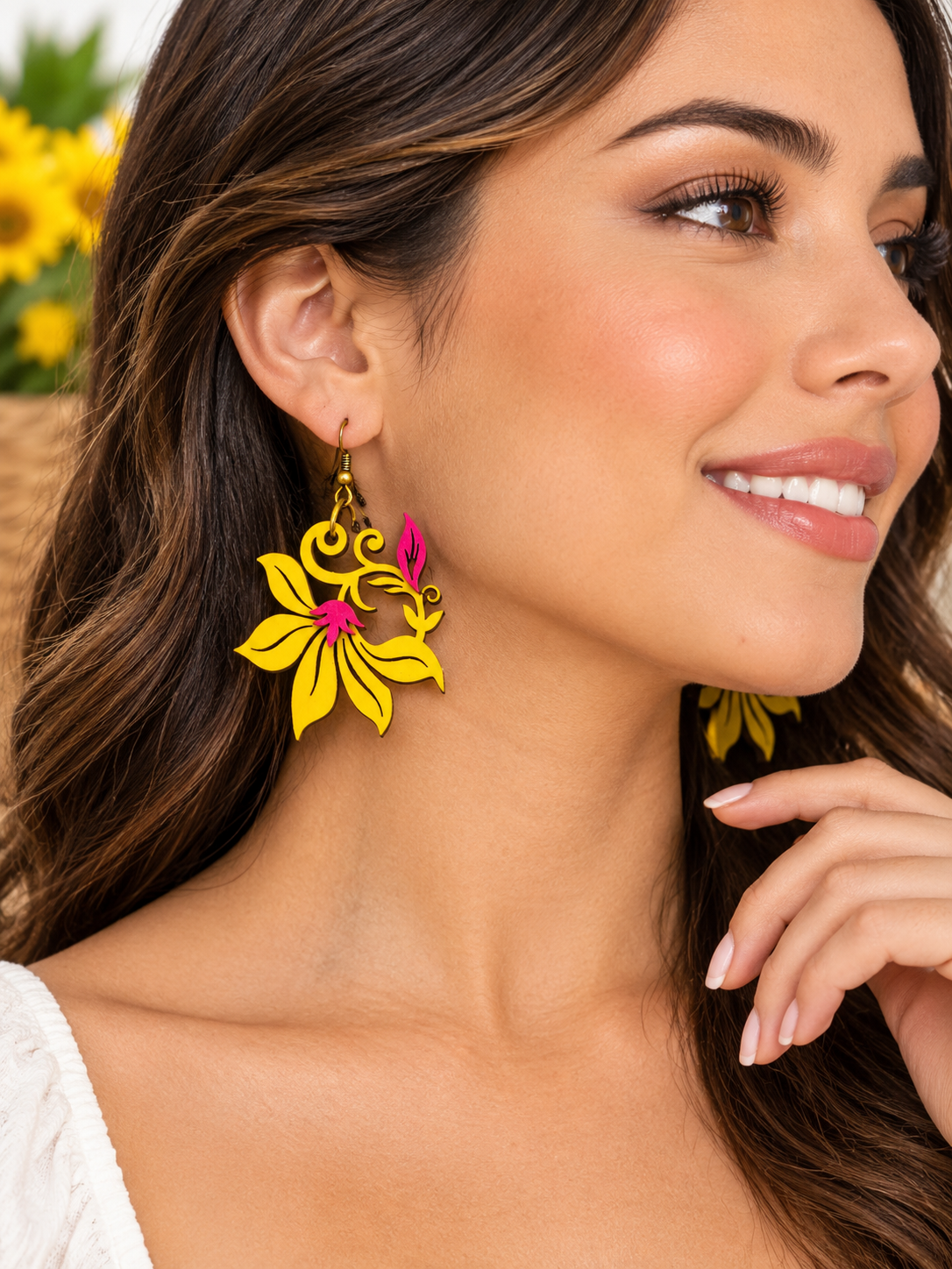 Pendientes de madera Girasol - ligeros y artesanales