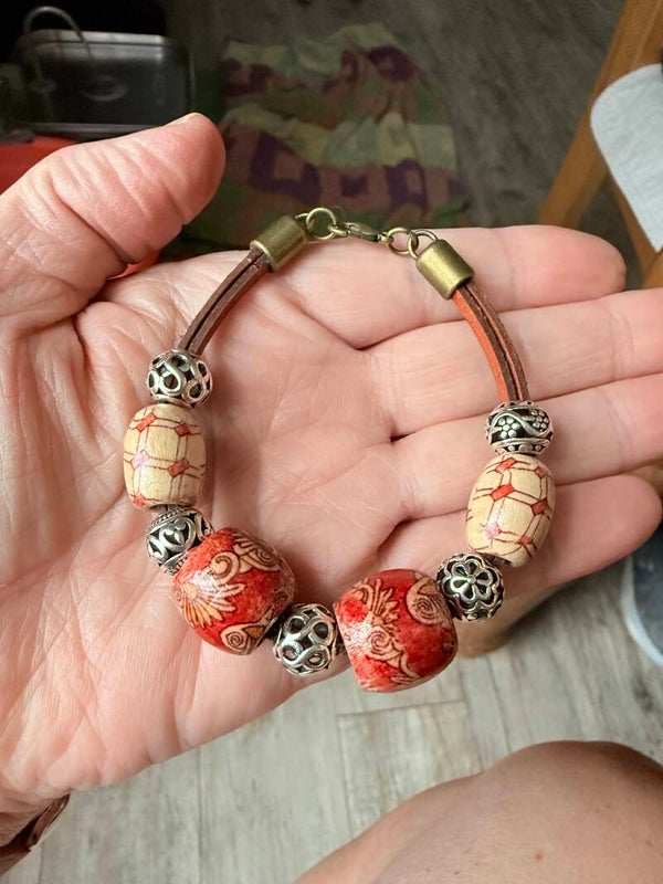 Leather and Wood Beaded Bracelet