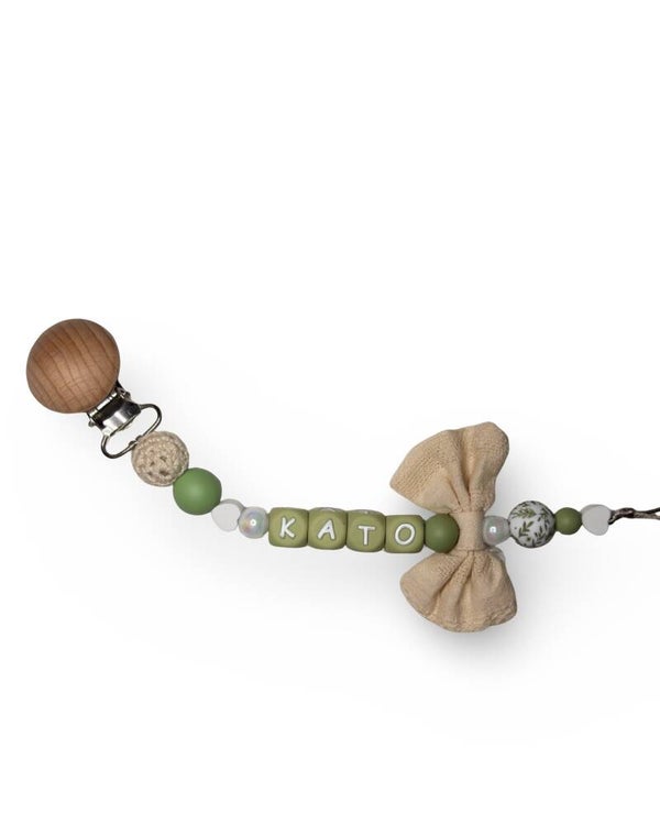 Speenkoord met naam || Green&beige strik