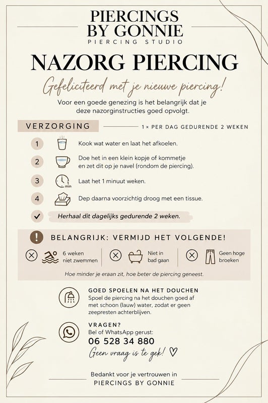 Nazorgkaart voor navelpiercings van Piercings by Gonnie
