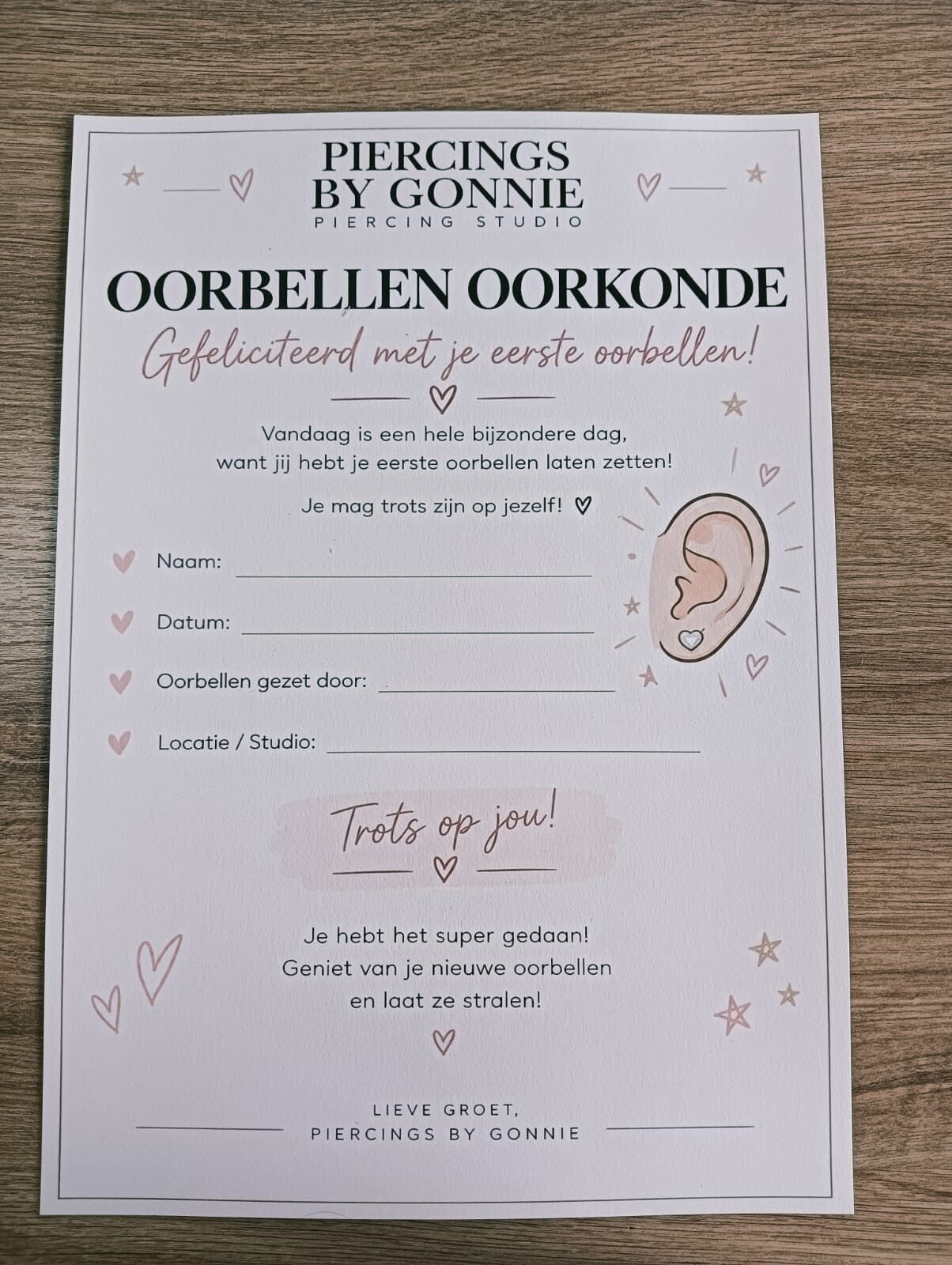 Oorbellen oorkonde van Piercings by Gonnie in Waalwijk