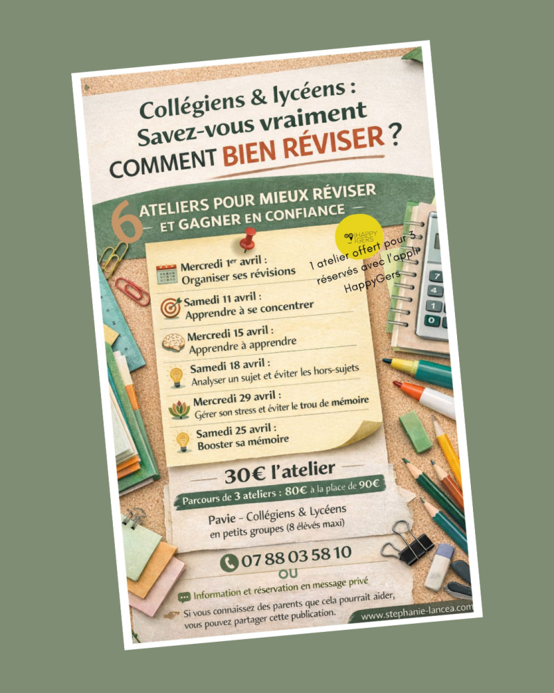 Ateliers révisions pour collégiens et lycéens à Pavie : petits groupes (8 élèves), thèmes ciblés pour mieux s’organiser, apprendre efficacement et gérer le stress. Parcours complet ou à l’unité, offre spéciale HappyGers.