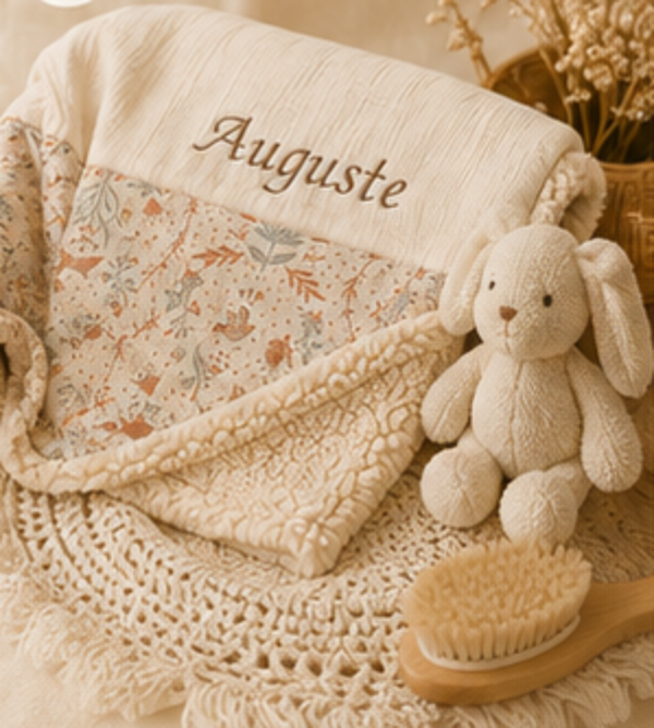 Couverture de naissance personnalisée en double gaze & sherpa