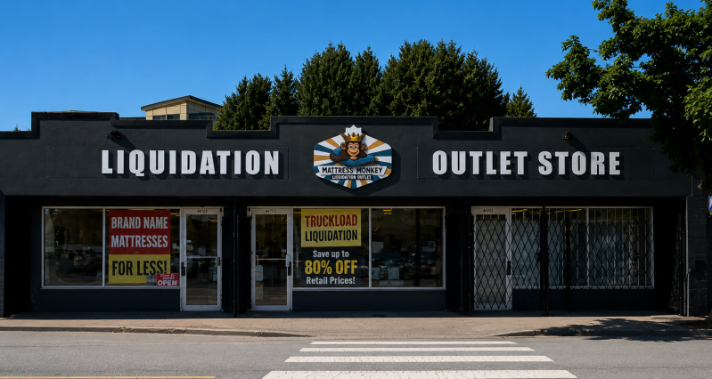 Mattress Monkey Liquidation outlet storefront – discount mattress store in Chilliwack, BC