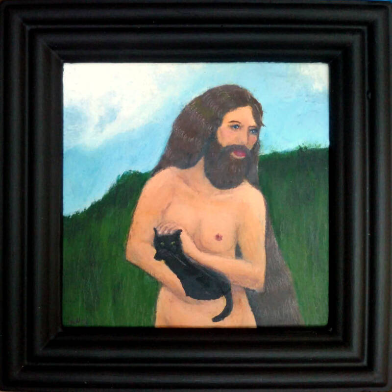 Baardvrouw met kat / Bearded lady with cat, 16x16 incl. lijst,  € 250
