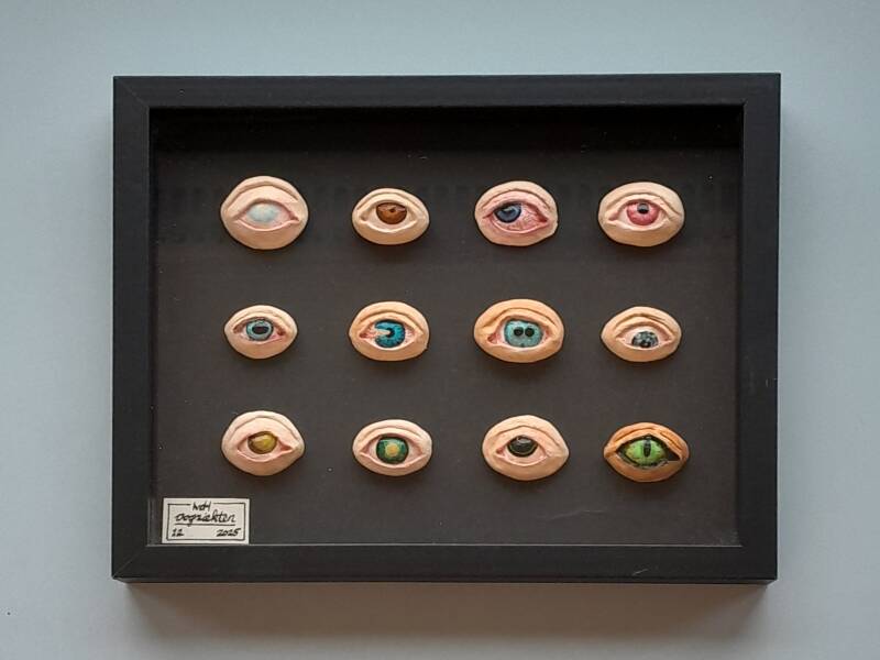 Oogziekten (Eye diseases). Ceramics, acrylic paint in wooden frame. 20x26x3,5 cm. 