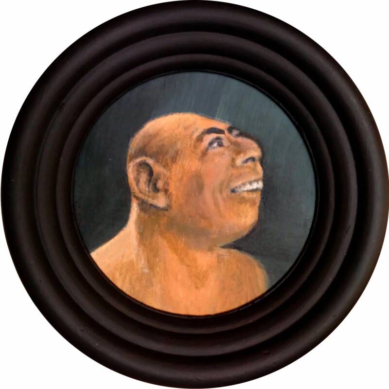 Schlitzie. Acrylic paint on cardboard, 15 cm,. incl. frame, 2011. Sold