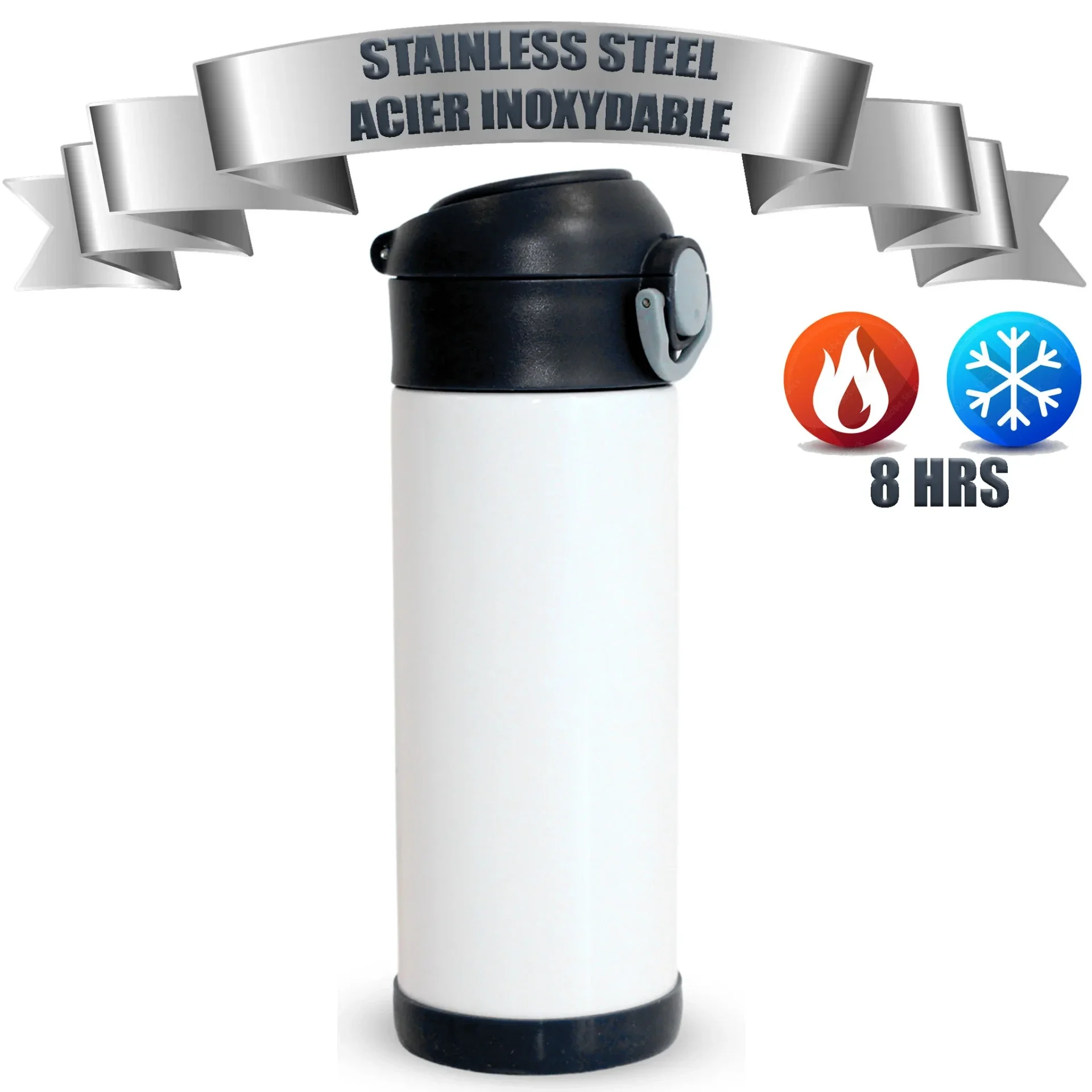 Bouteille d'eau à sublimation pour enfants de 350 ml (12 oz) en acier inoxydable, couvercle noir