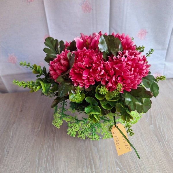 Pot 14 cm gris lesté minis chrys et lys en fushia - GPRO1 2245