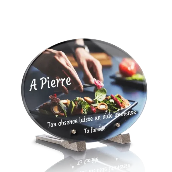 PLO 1 - Plaque plexi ovale 15x10 avec pieds sans photo, image au choix.