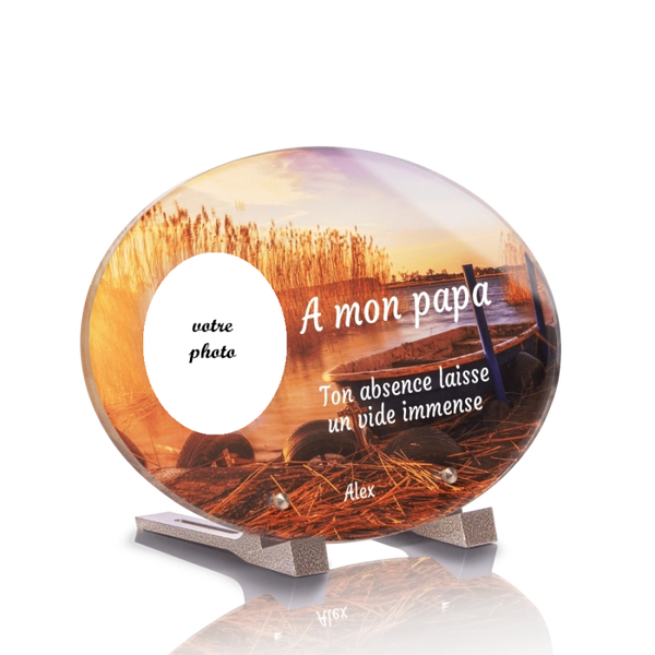PLO 6 - Plaque plexi ovale 30x20 avec pieds et photo, image au choix.