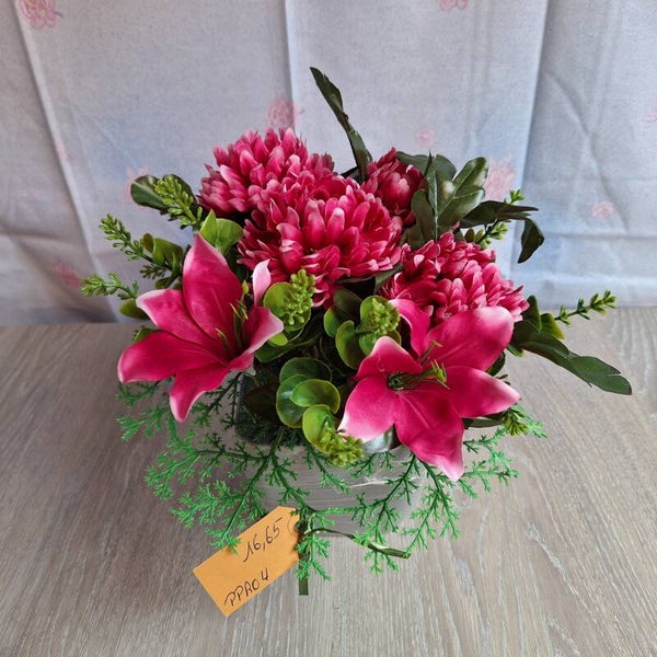 Pot 12 cm gris lesté minis chrys et lys en fushia - PPRO4 1665