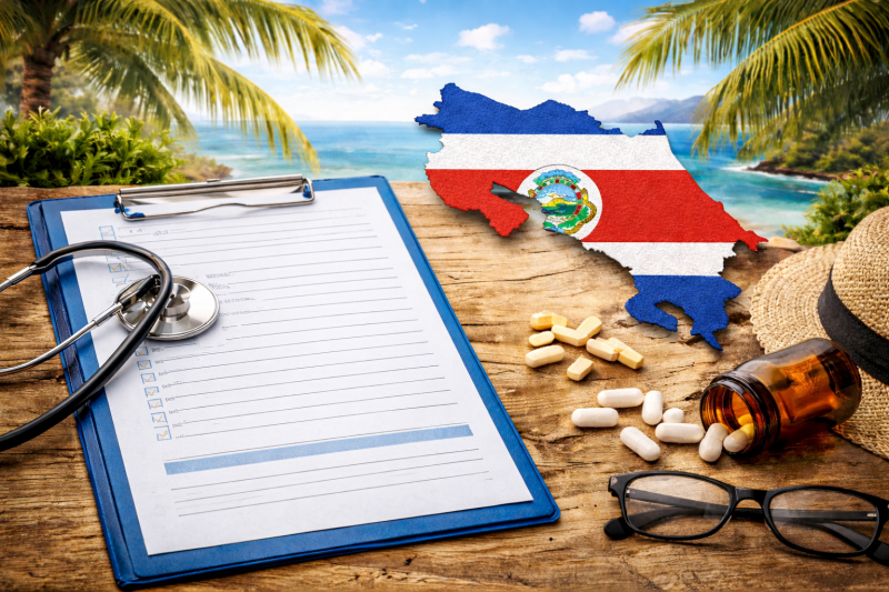 Medizinische Utensilien wie Stethoskop und Medikamente auf einem Tisch vor tropischer Küstenlandschaft in Costa Rica – Symbolbild für Krankenversicherung und Gesundheitsversorgung im Ausland.