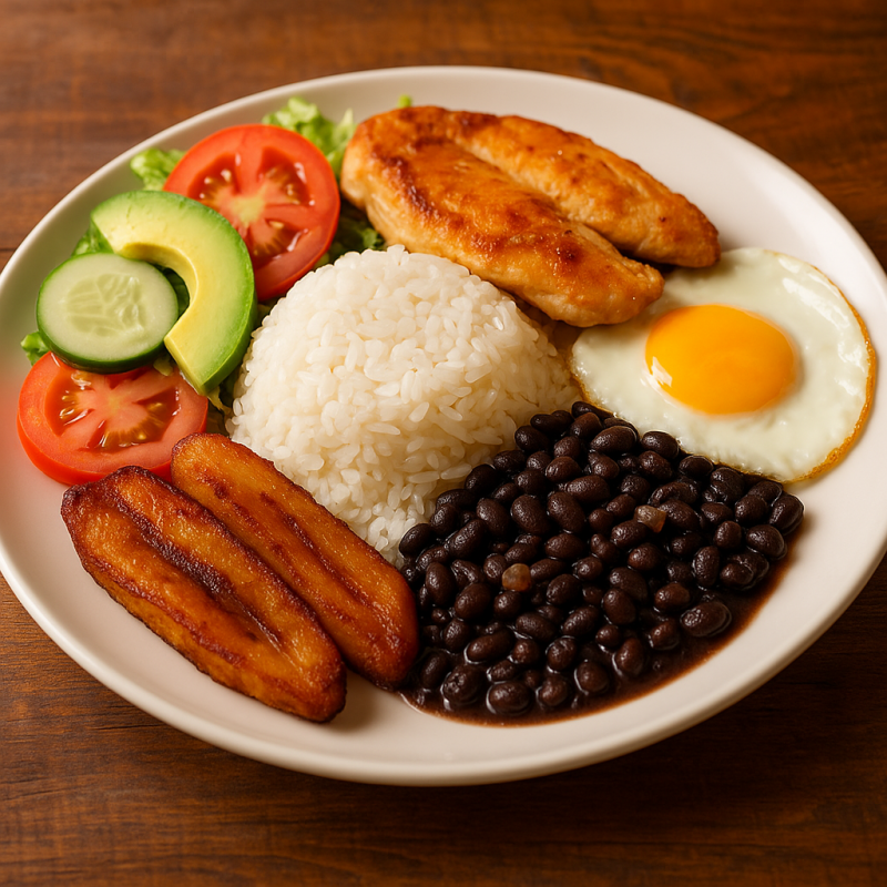 „Costa Ricanisches Casado: Teller mit Reis, schwarzen Bohnen, gebratenem Fleisch, Kochbananen, frischem Salat und Spiegelei.“