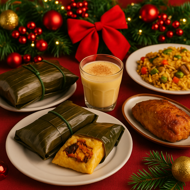 „Ein weihnachtlich gedeckter Tisch mit traditionellen Tamales in Bananenblättern, einem Glas cremigem Rompope mit Zimt, einem Stück Schweinebraten und einem Teller Arroz con Pollo. Im Hintergrund festliche Weihnachtsdeko mit roten Kugeln und Tannenzweigen