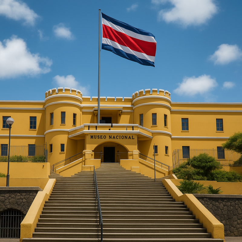 Blick auf das historische Nationalmuseum von Costa Rica, einst Militärkaserne – heute ein Ort des Lernens und Friedens mit costaricanischer Flagge im Vordergrund.