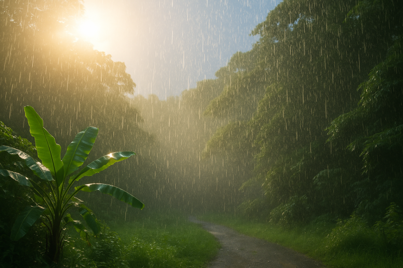 Tropische Landschaft in Costa Rica während der Regenzeit:  Starker Regen fällt auf üppig grünen Wald, während gleichzeitig die Sonne golden durch die Wolken bricht  und den Regen im Licht glänzen lässt. Im Vordergrund steht eine Bananenpflanze, daneben fü