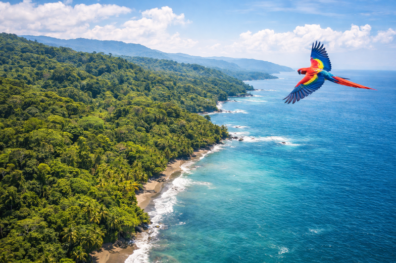  Tropische Regenwaldküste in Costa Rica mit dichtem Dschungel und Pazifik.