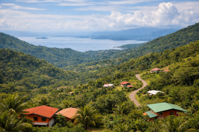 Tropische Landschaft in Costa Rica mit grünen Bergen, Häusern in den Hügeln und Blick auf den Golf von Nicoya. Die Szene zeigt das Leben in der Natur Costa Ricas und steht symbolisch für Auswandern und einen Neustart. 🌿