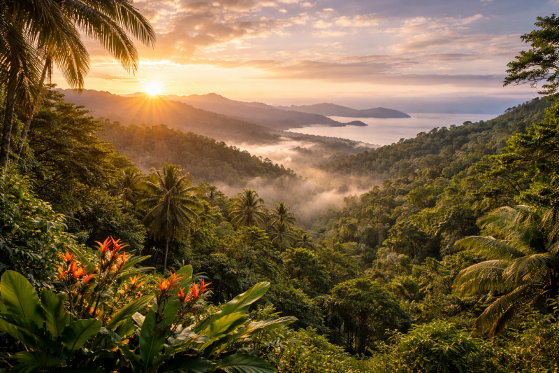 Sonnenaufgang über den tropischen Bergen von Costa Rica mit Blick auf Regenwald und den Golf von Nicoya – Symbol für einen Neustart beim Auswandern nach Costa Rica.