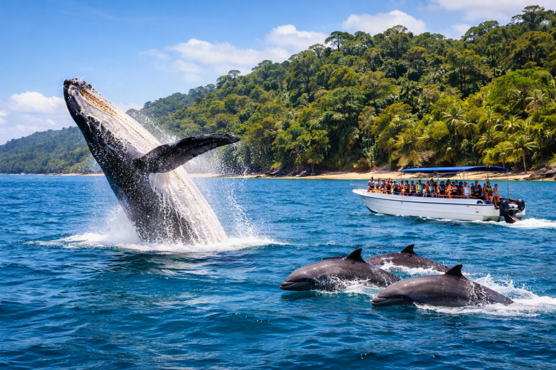 Wal- und Delfintour in Drake Bay Costa Rica mit Buckelwal und Delfinen im Pazifik vor der Osa-Halbinsel.