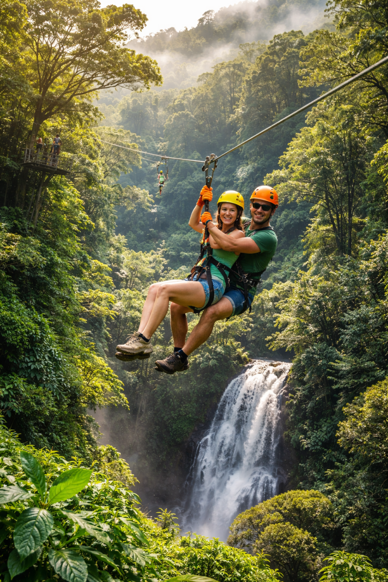 Zipline-Abenteuer im Nebelwald von Monteverde in Costa Rica mit Blick auf tropischen Regenwald und Wasserfall.
