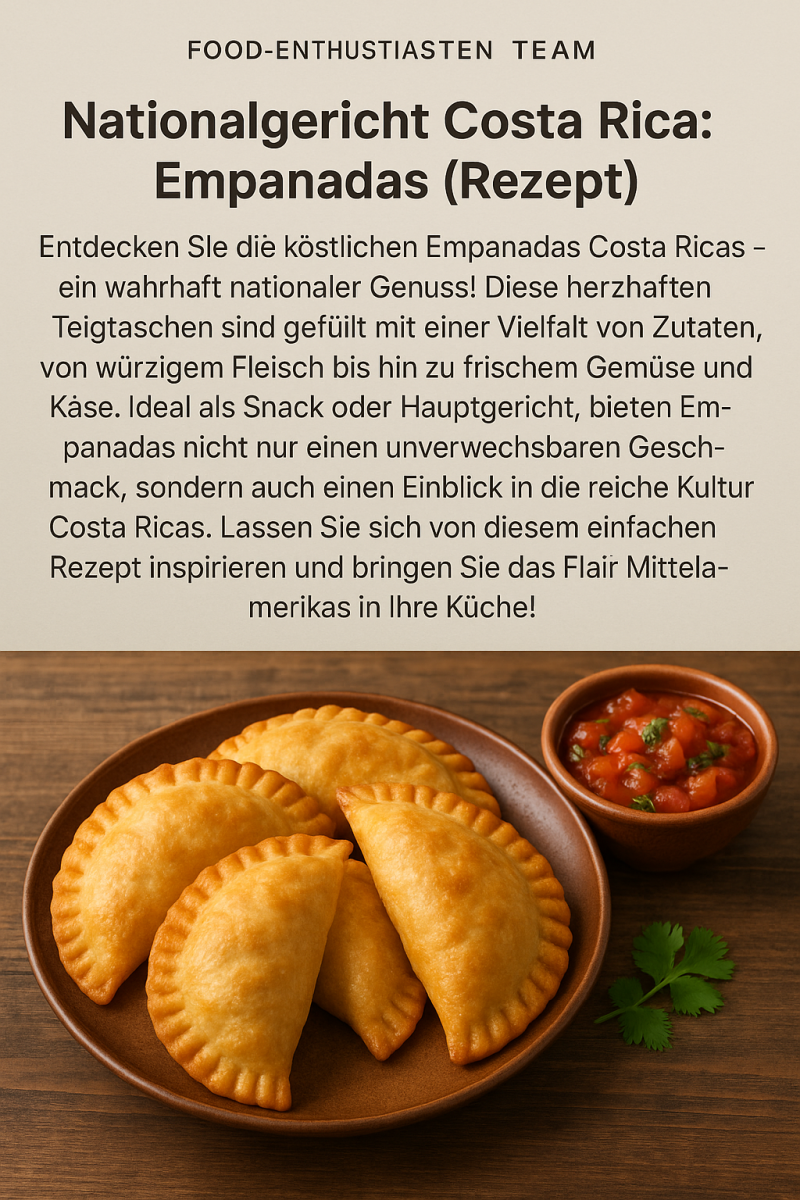 Fünf goldbraun gebackene Empanadas auf einem braunen Keramikteller, daneben eine kleine Schale mit frischer Tomatensalsa und ein Blatt Koriander.“