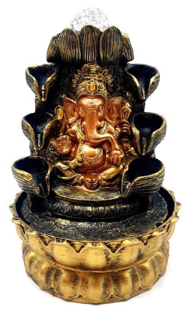 Fontaine Résine Ganesh Doré sur Autel 29cm
