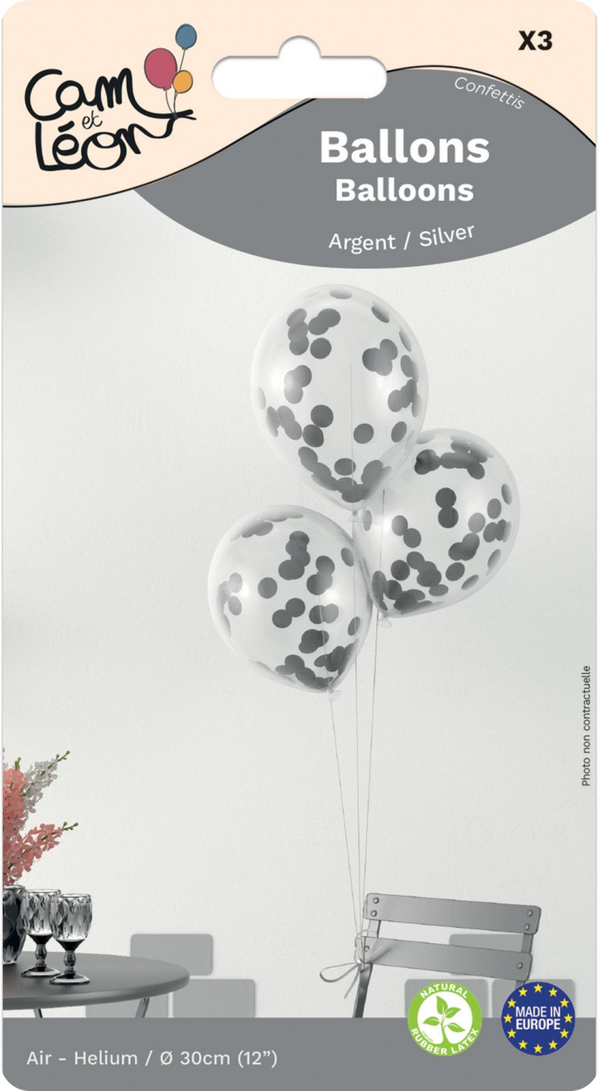 Ballon confetti 30 cm - lot de 3 - argent